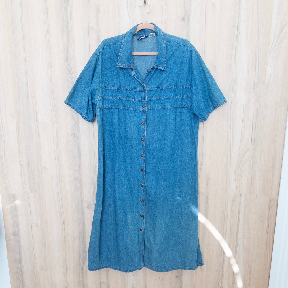 Vintage Denim Midi Dress 18W Blue Short Sleeve Button Front Country Western